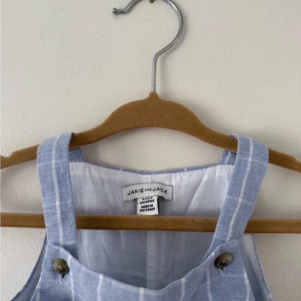 Janie and Jack Boys 0-3m Linen Light Blue Windowpane Check Plaid Overalls Easter - Picture 2 of 9